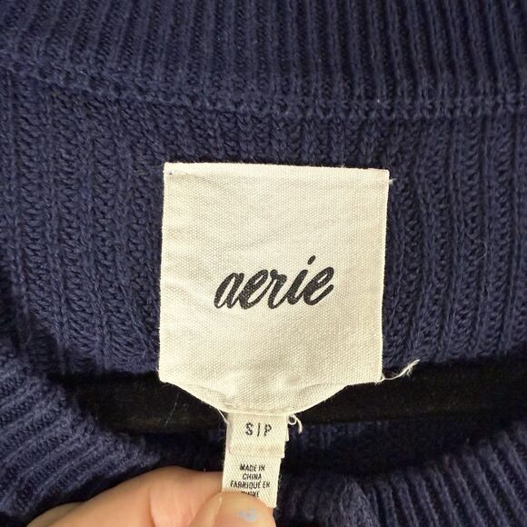 Aerie Sweater Women's Small Dark Blue Ribbed Knit Button Up Long Sleeve Crew Nck - Picture 4 of 9